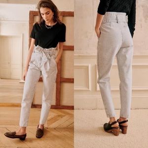 Sezane Jeans Austin Trousers Belted High-Waisted Ankle Paperbag Snow Grey 34 EUC